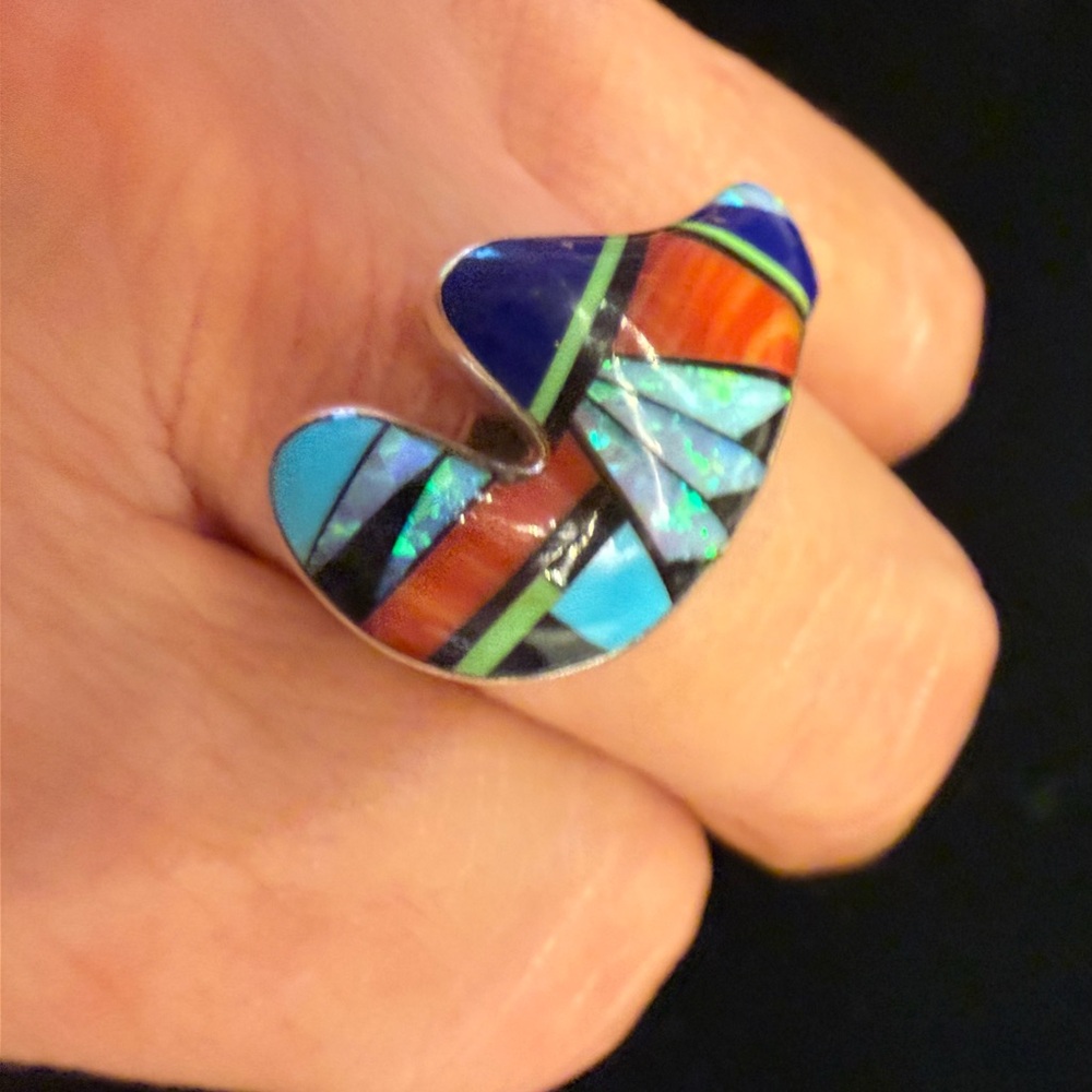 Colorful bear  sterling silver  Inlay Ring 
Turquoise, opal, coral, blue agate